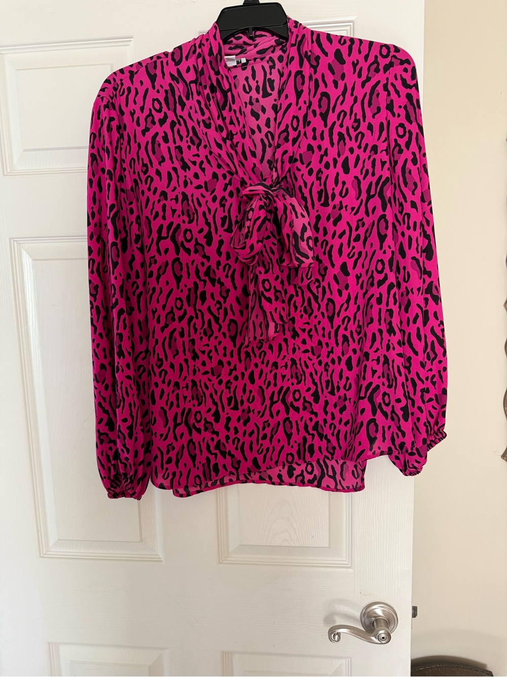 Bar III Pink and Black Leopard Tie-Neck Blouse